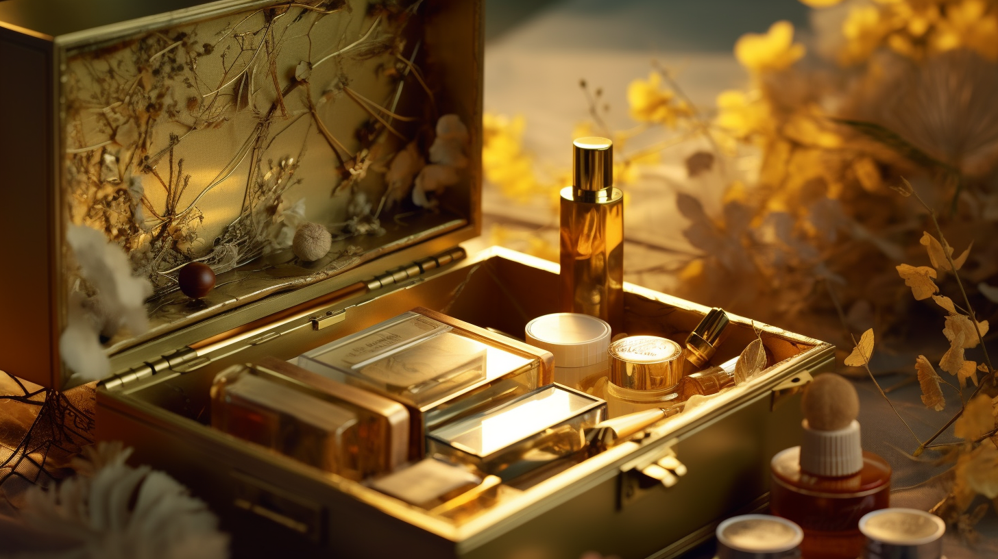 Ingrédients naturels de skincare coréen avec note en coréen sur fond élégant, incluant ginseng, feuilles de thé vert et mucine d'escargot, éclairés doucement sur une surface luxueuse.